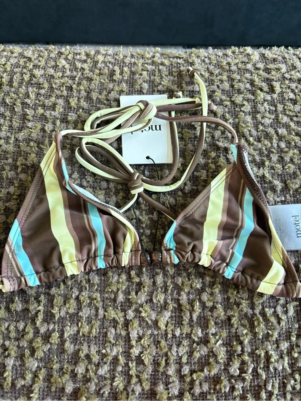 Motel Rocks Brown, Cream & Light Blue Striped Tie-Side Bikini